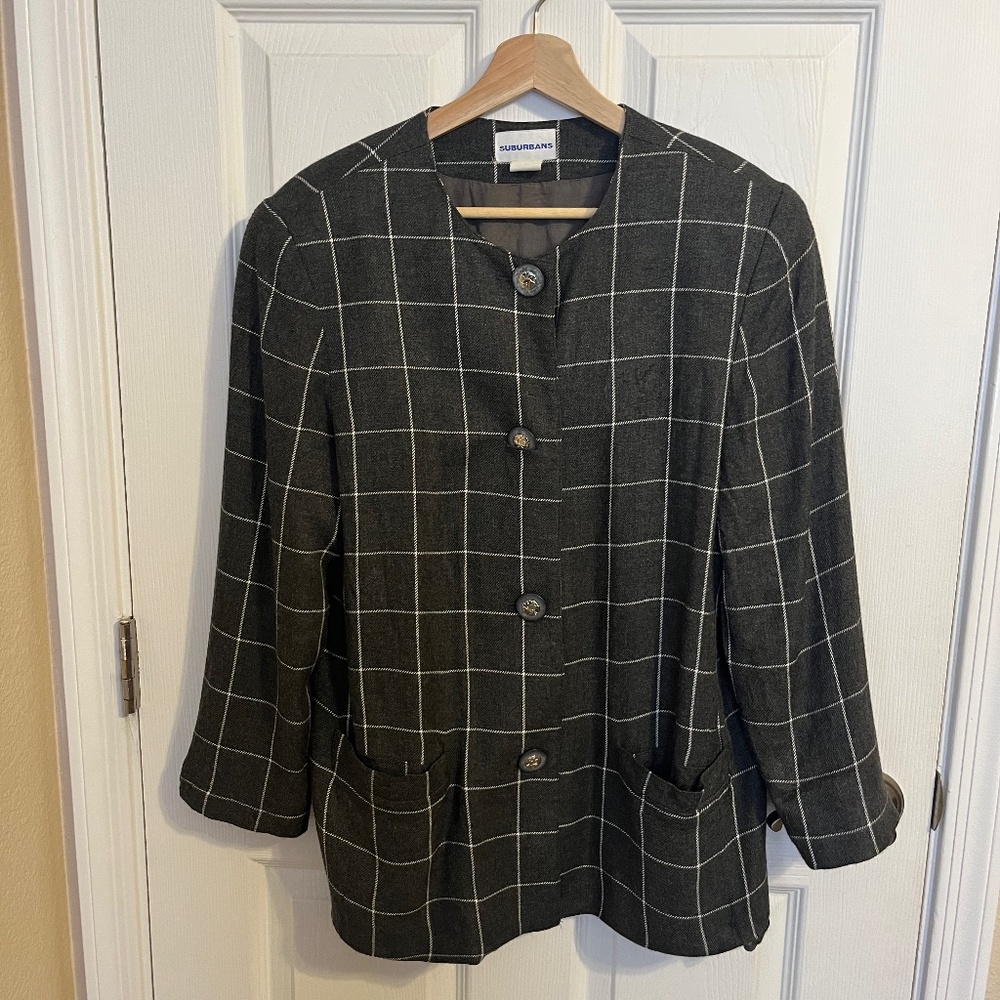 Vintage Plaid Blazer - Grey (size 12)